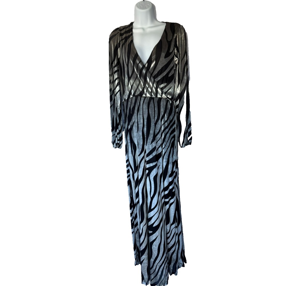 ASOS Zebra Print Maxi Dress US 6 Black Silver Wrap V-Neck Party Glam Goth Modern